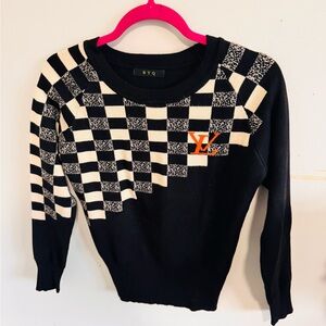 BYQ Black & White Checkerboard Sweater with Orange Accent